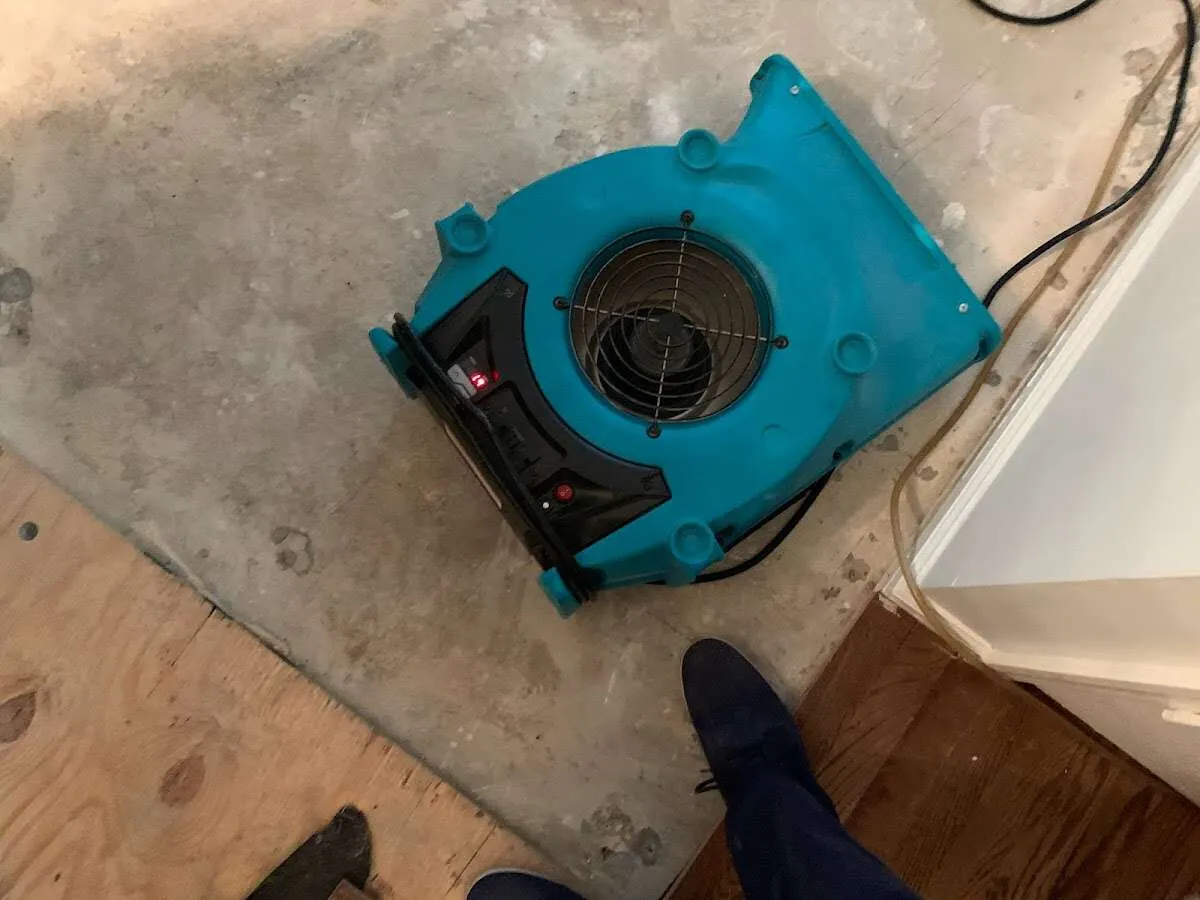Air mover drying subfloor during Commercial Water Damage Restoration in Bainbridge